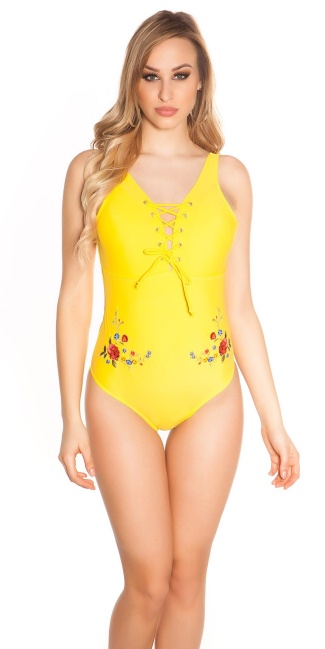 swimsuit with lacing and embroidery Yellow